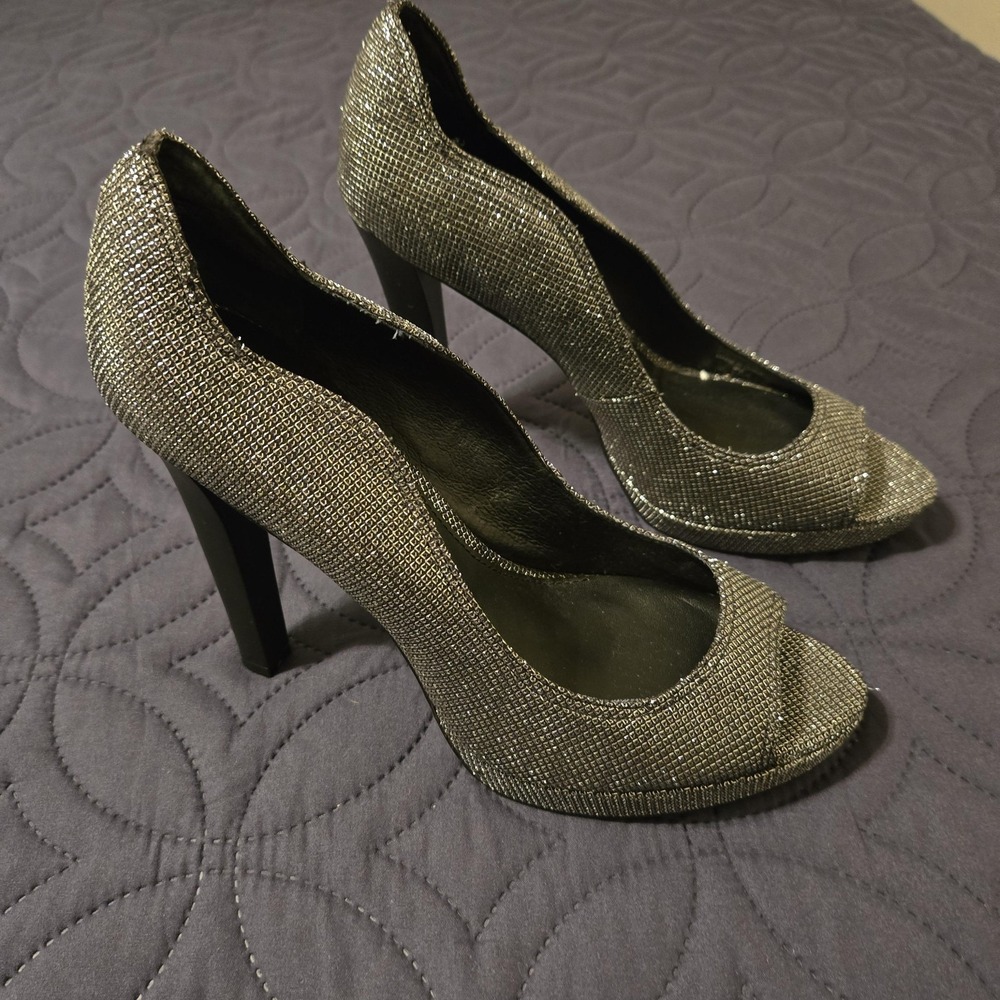 Rebecca Minkoff Heels Womens Size 9M Silver Glitter Peep Toe Stiletto Pump Party